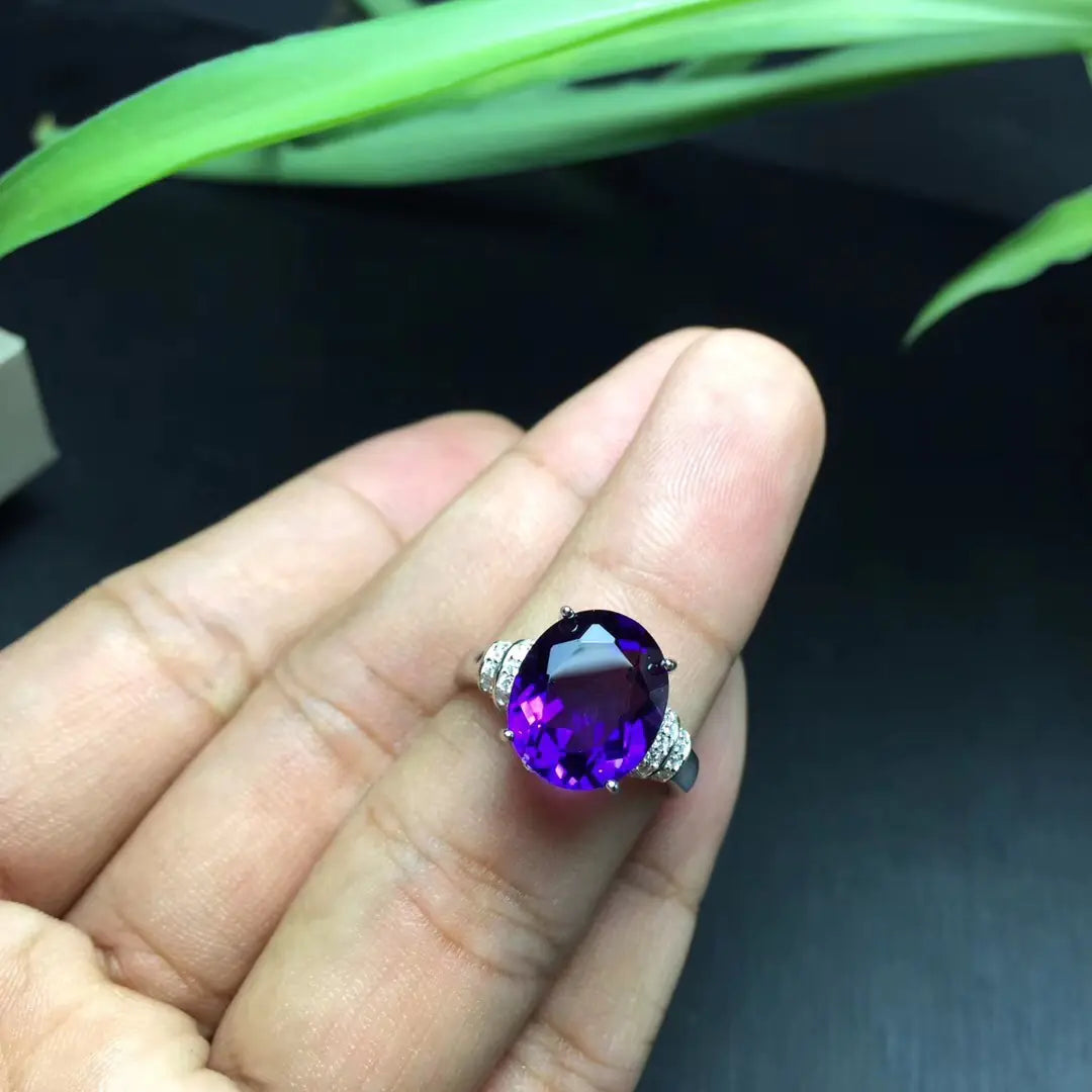 925 Sterling Silver Genuine Amethyst Ring - Natural Purple Gemstone Statement Piece