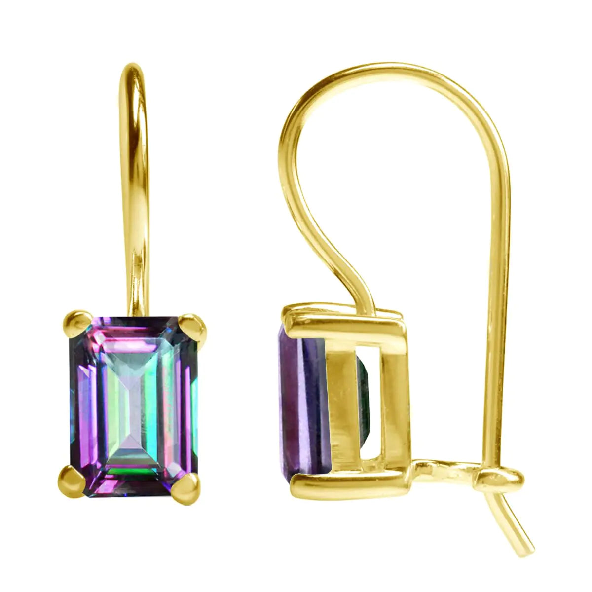 Genuine Mystic Fire Rainbow Topaz Earrings - Solid 14K Yellow Gold Plated 925 Sterling Silver Octagon Hook Earrings