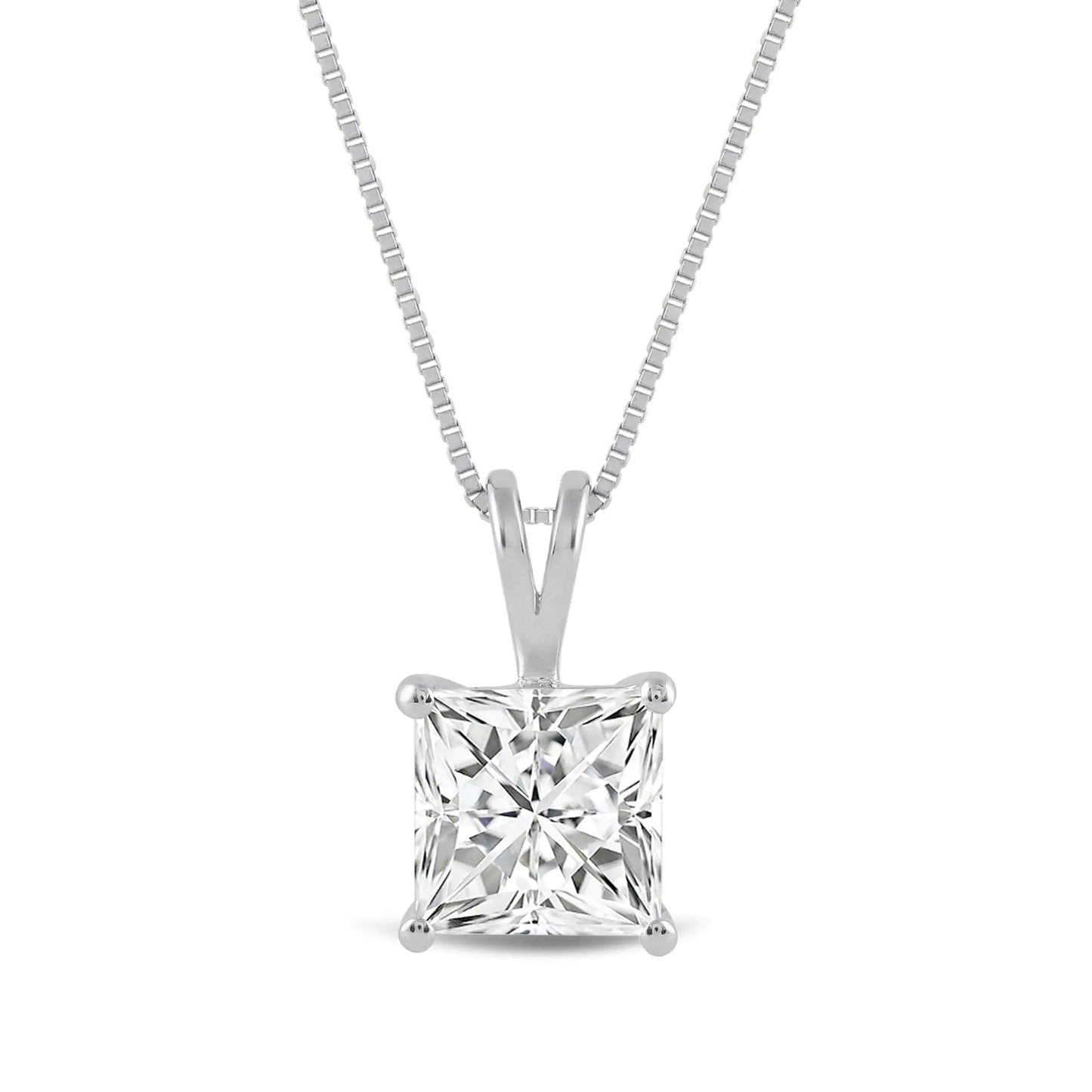 Solid 14K White Gold Cubic Zirconia Solitaire Pendant Necklace - Princess Cut 2 CTW | 18 Inch
