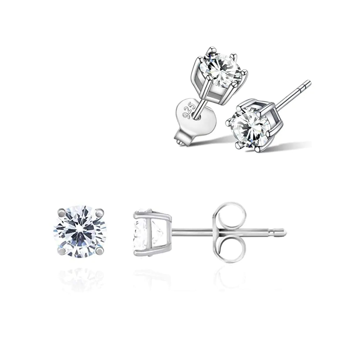 Genuine CZ Diamond Stud Earrings - Solid 925 Sterling Silver Hypoallergenic 4mm Round Cut Set of 2 Pairs