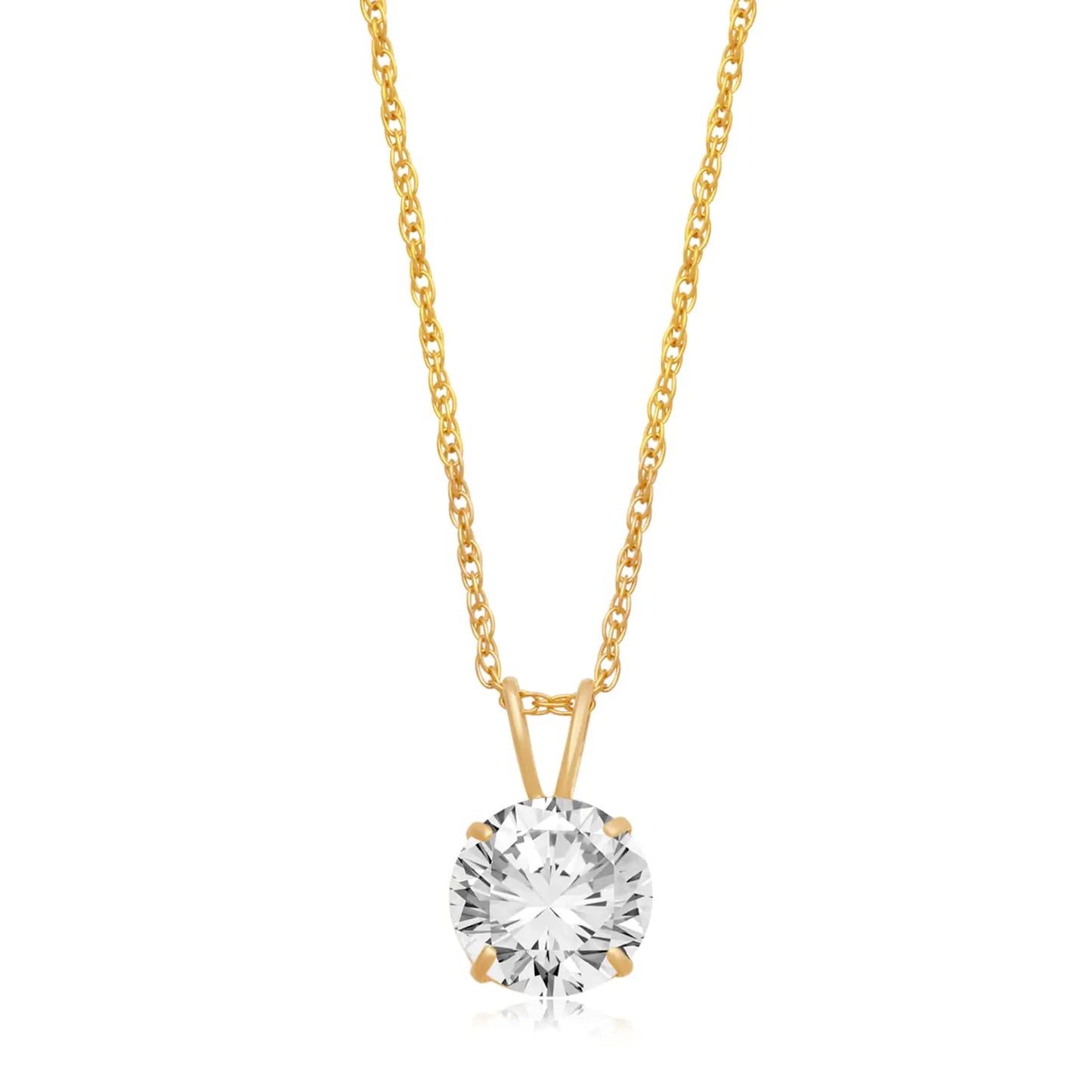 10K Yellow Gold Solitaire Pendant Necklace - 2.0ct CZ with 18" Rope Chain