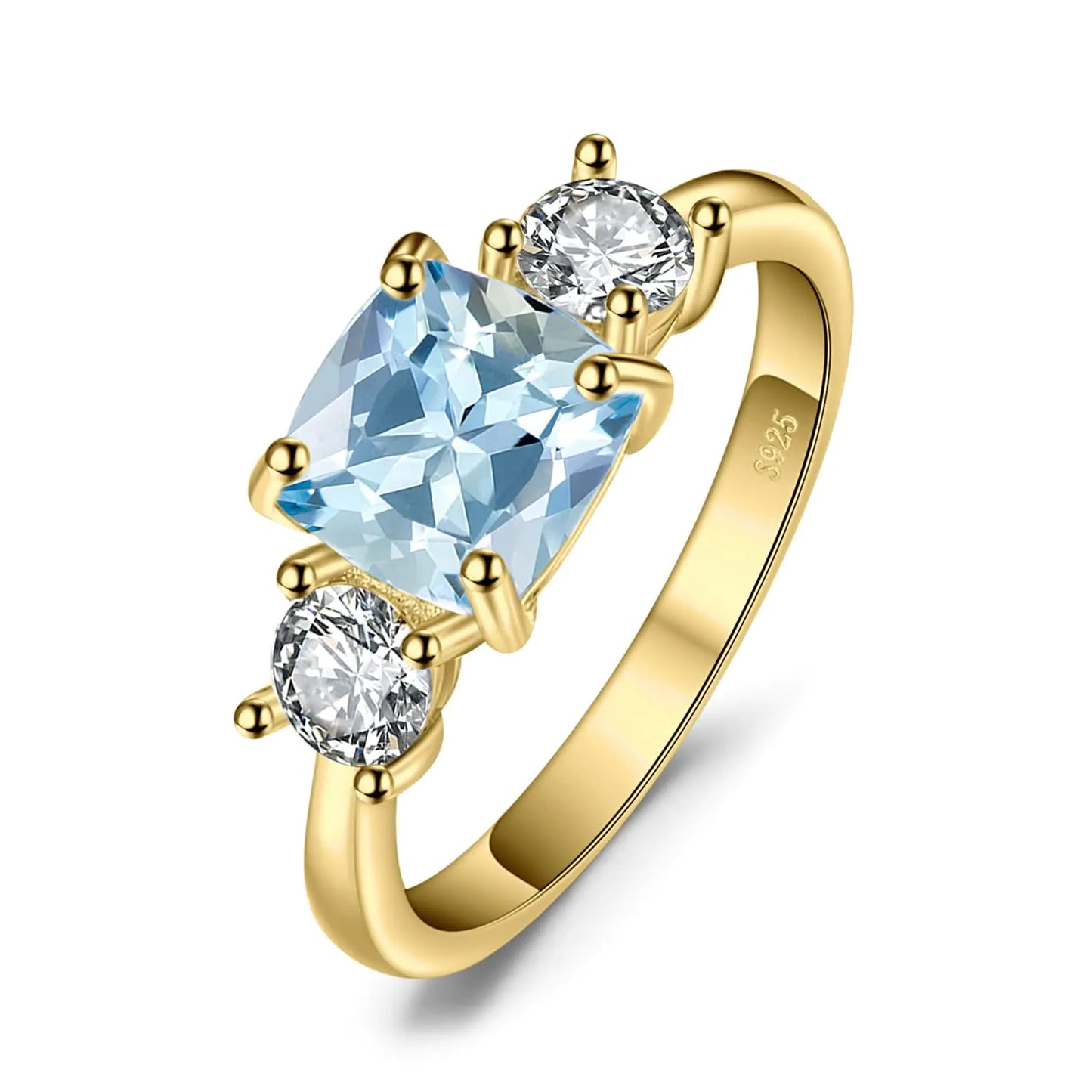 Genuine Blue Topaz 3-Stone Promise Ring - Solid 14K Yellow Gold & 925 Sterling Silver Cushion Cut Size 7