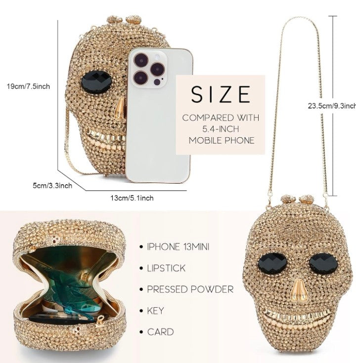 Halloween 3D Skull Clutch Purse - Rhinestone Crystal Metal Evening Bag | Gold