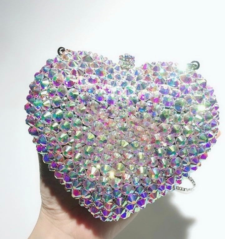 Love Shaped Crystal Diamond Evening Bag - Full Diamond Silver Clutch | 14x12x6cm