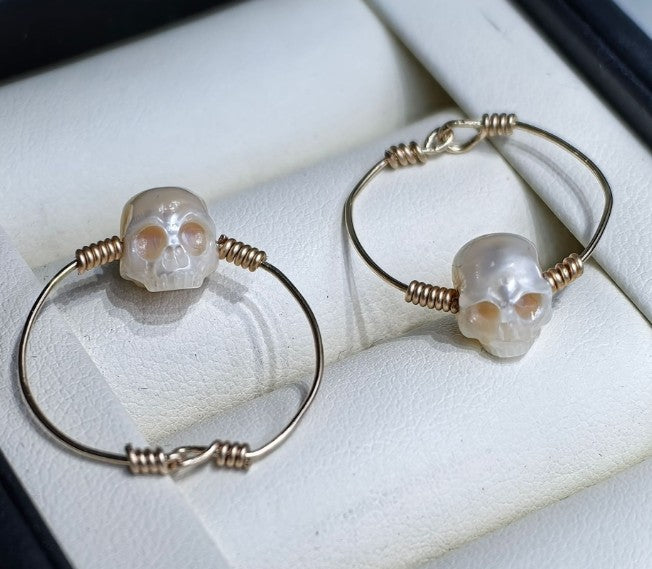 Natural Freshwater Pearl Skull 14k Gold Ring