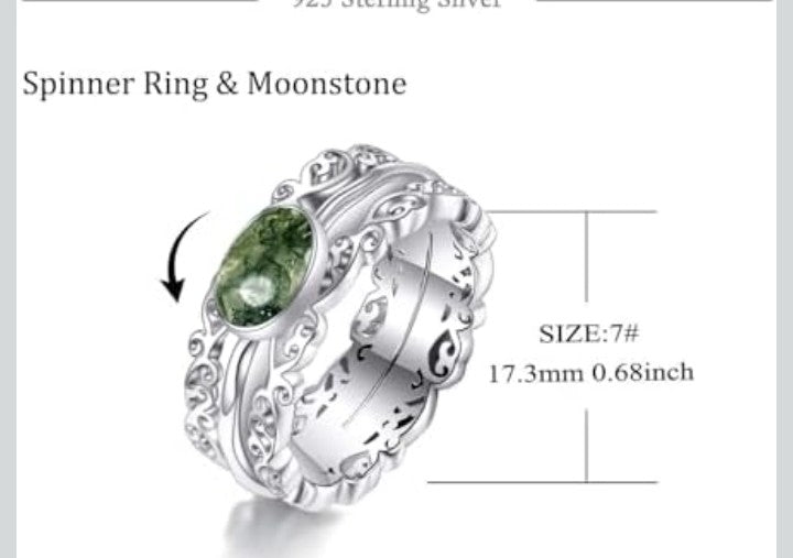 Genuine Moss Agate Fidget Ring - Solid 925 Sterling Silver Anti-Stress Ring for Women Size 6