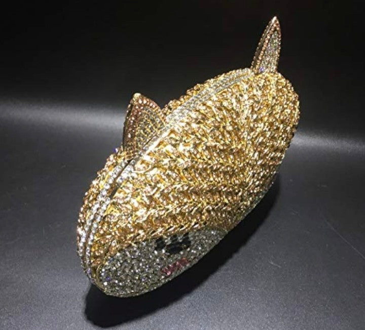 Fox Rhinestone Metal Crystal Evening Bag - Hollow Design Gold Clutch | 21cm