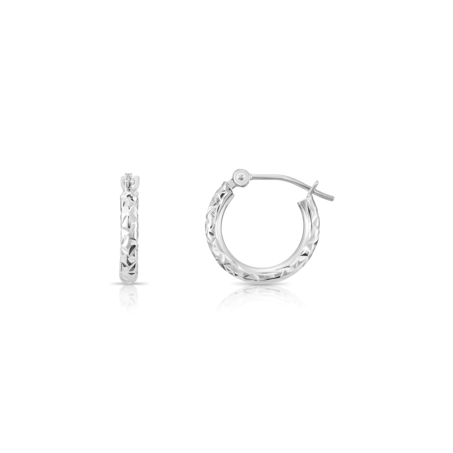 Solid 14K White Gold Round Hoop Earrings - Diamond-Cut X Pattern Design 13mm