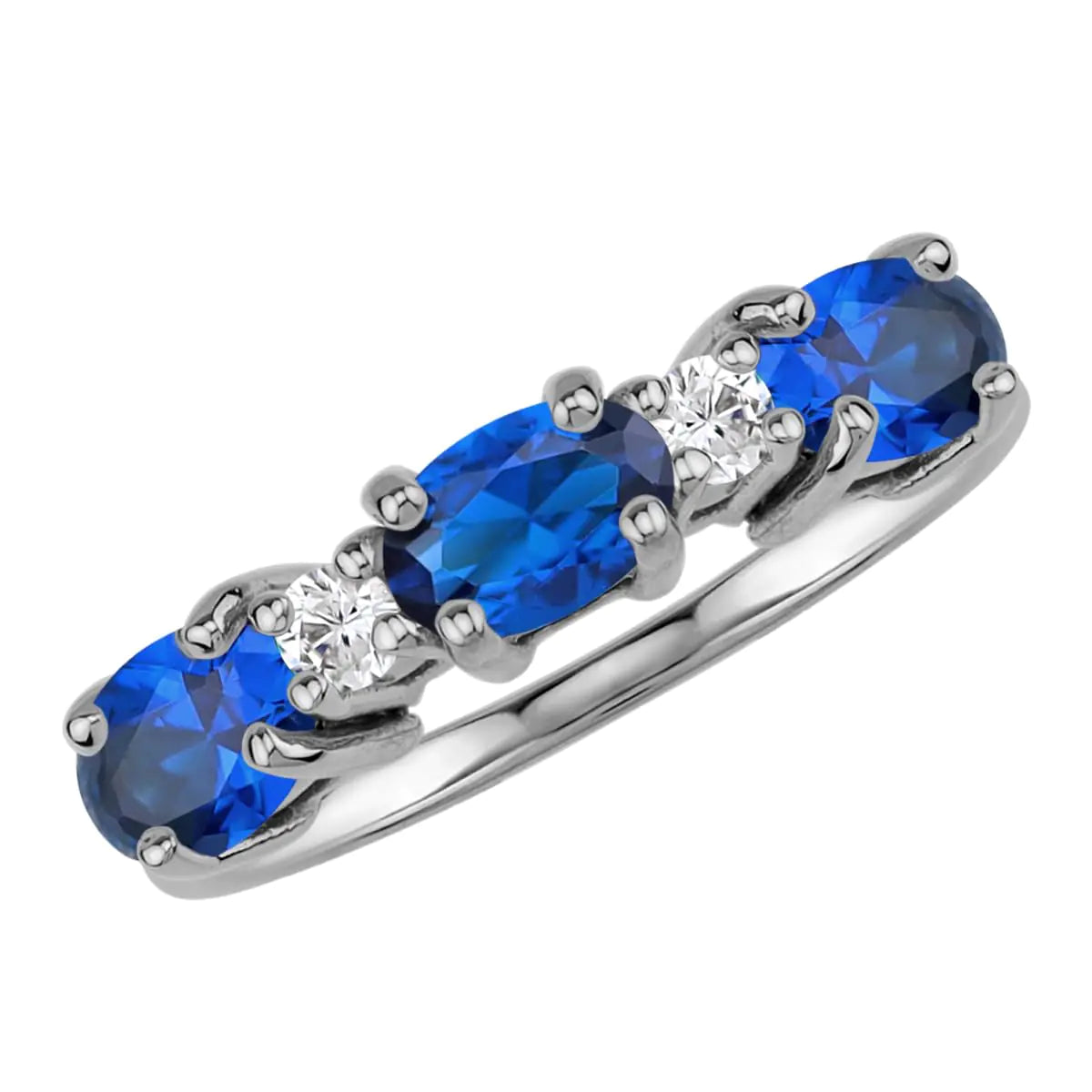 Genuine Blue Sapphire 3-Stone Ring - Solid 925 Sterling Silver White Gold Plated September Birthstone Size 11.5
