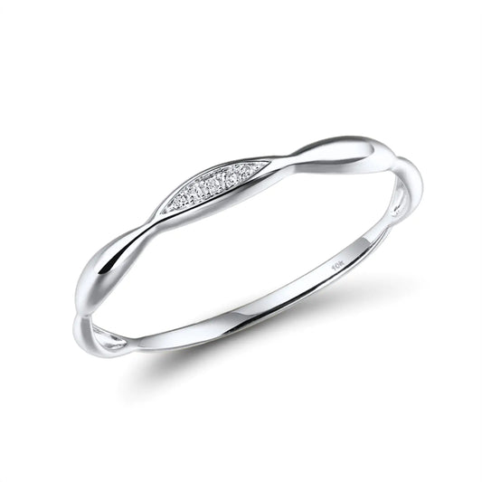 10K Solid White Gold Genuine Diamond Twisted Stacking Ring - Dainty Design for Women