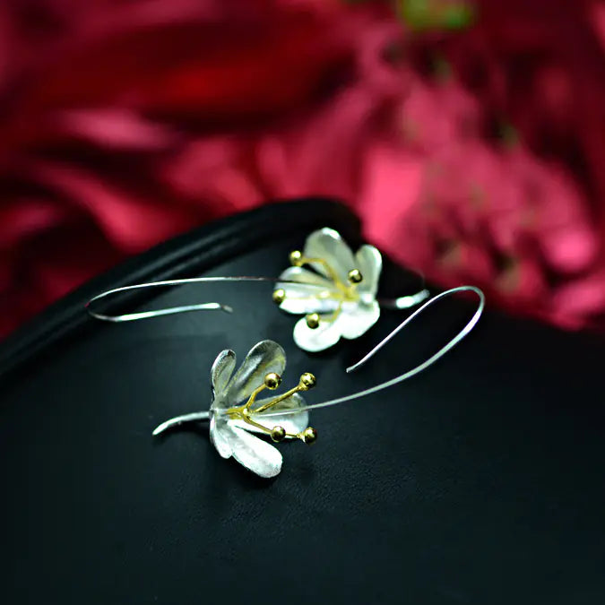 925 Sterling Silver Flower Earrings with Genuine Black Agate - Elegant Floral Design