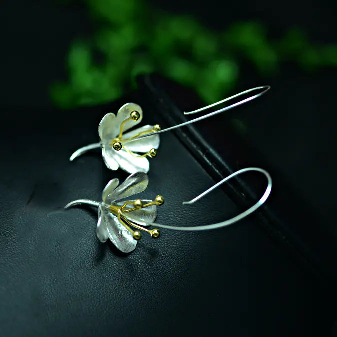925 Sterling Silver Flower Earrings with Genuine Black Agate - Elegant Floral Design