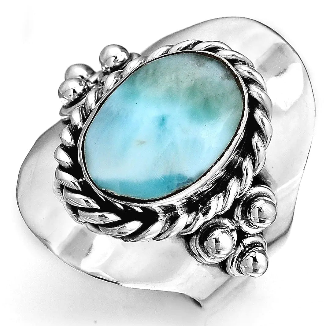 Genuine Larimar Ring - Solid Sterling Silver Oval Gemstone Boho Ring for Women Size 7