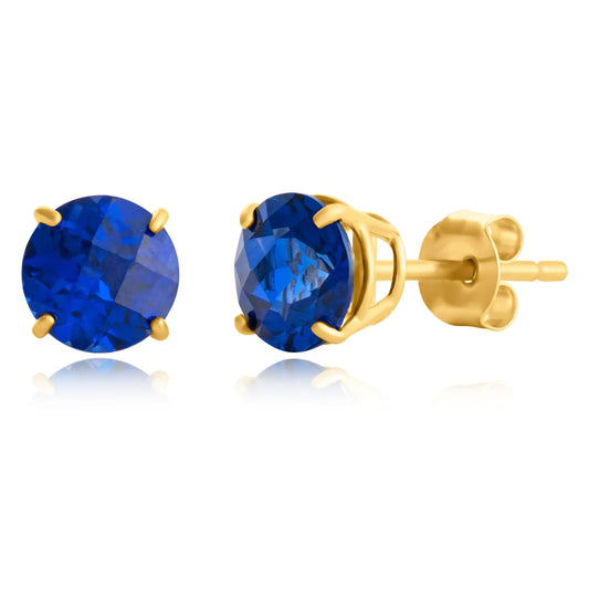 10K Solid Yellow Gold Created Sapphire Stud Earrings - 6mm Round Checkerboard Cut
