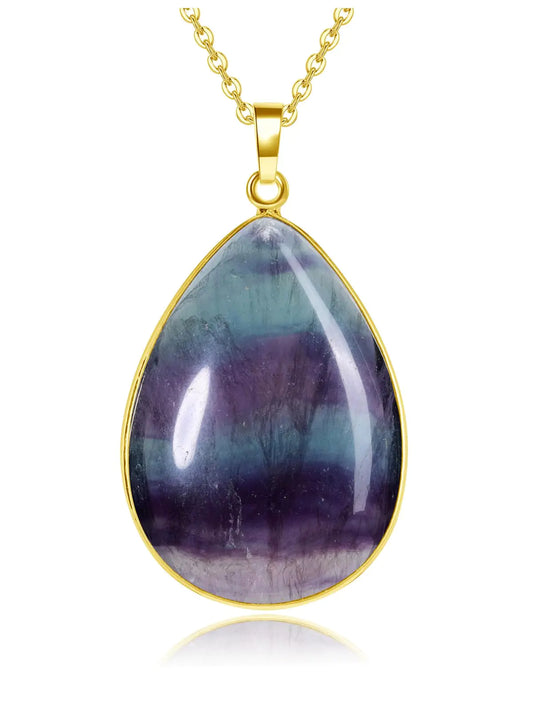 Rainbow Genuine Fluorite Crystal Teardrop Pendant - Natural Healing Stone Necklace for Women & Men