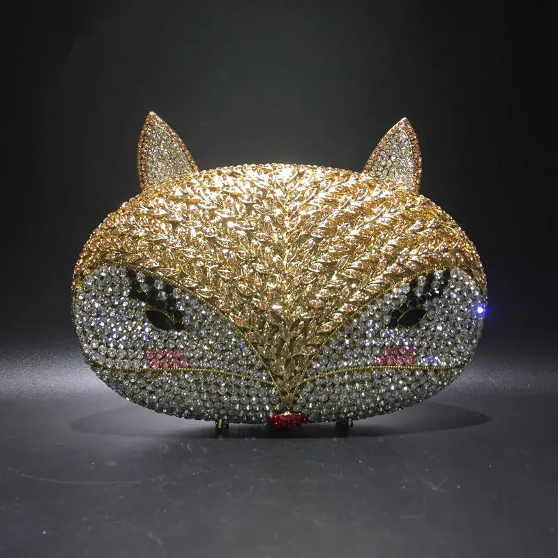 Fox Rhinestone Metal Crystal Evening Bag - Hollow Design Gold Clutch | 21cm