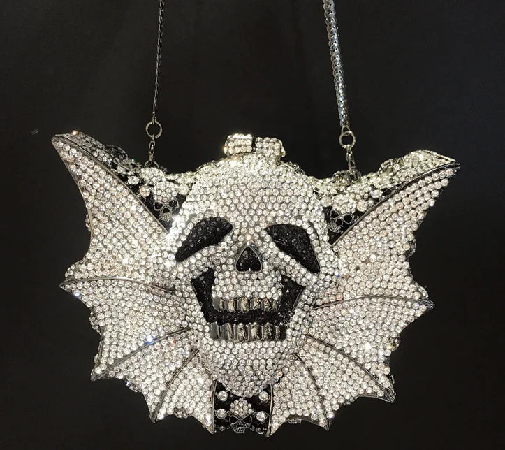 Halloween Crystal Skull Bat Evening Bag - Geometric Pattern Alloy Clutch | Silver