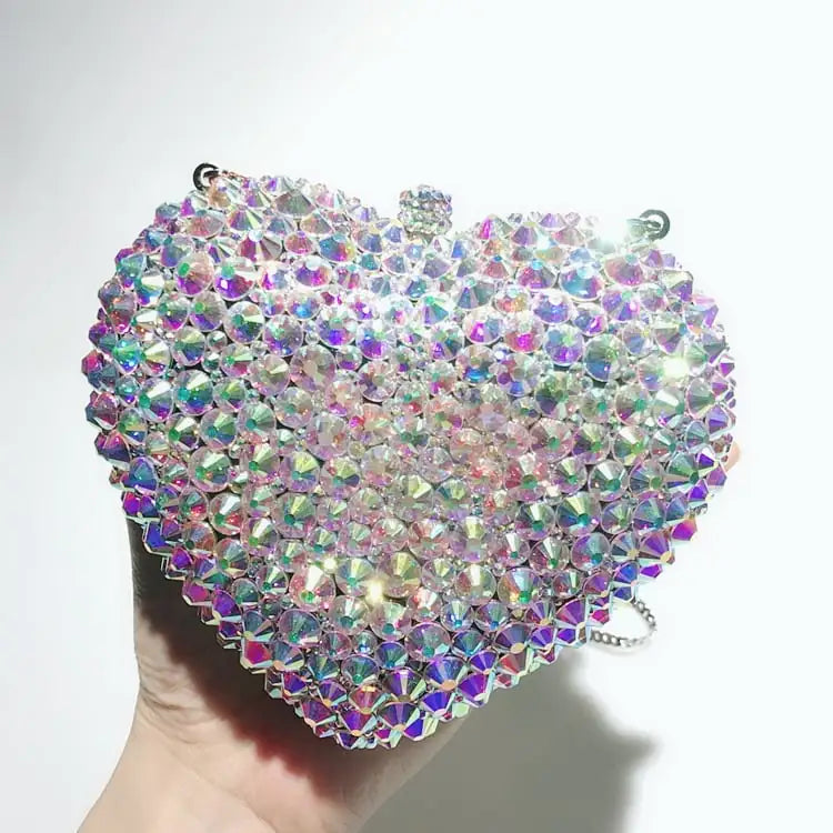 Love Shaped Crystal Diamond Evening Bag - Full Diamond Silver Clutch | 14x12x6cm