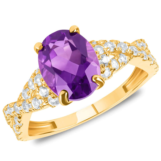 10K Yellow Gold Amethyst Ring - 1.9 Carat February Birthstone Cocktail Ring Size 6