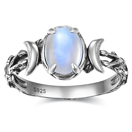 Genuine Moonstone Moon Phase Ring - Solid 925 Sterling Silver Oval Gemstone Ring for Women Size 9