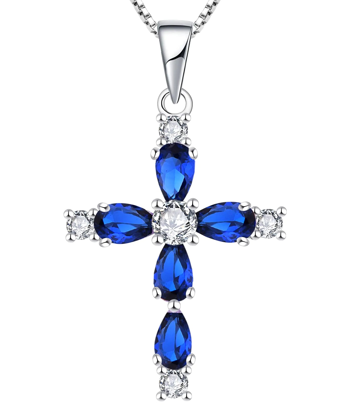 Genuine Sapphire Cross Necklace - Solid 925 Sterling Silver Religious Pendant for Women