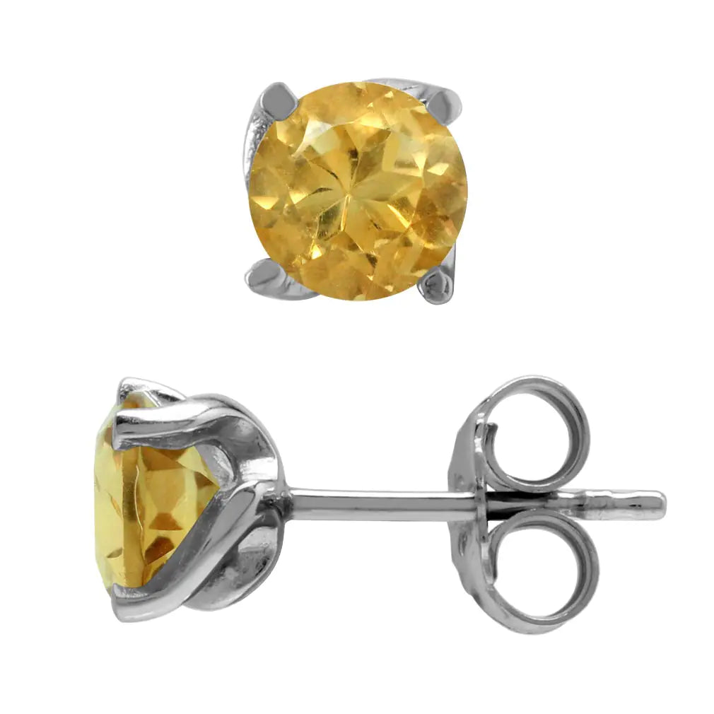 925 Sterling Silver Citrine Stud Earrings - 1.5 Ct 6mm Genuine Yellow Gemstone
