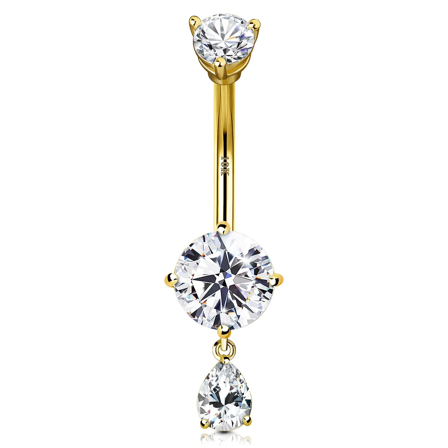 Genuine CZ Teardrop Belly Button Ring - 10K Solid Gold Dangle Navel Piercing Jewelry