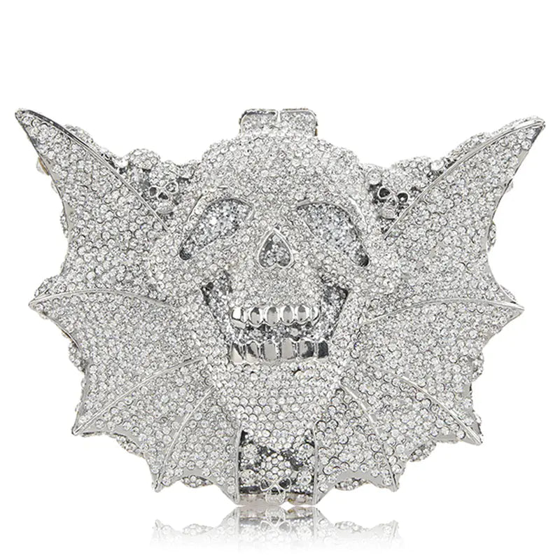 Halloween Crystal Skull Bat Evening Bag - Geometric Pattern Alloy Clutch | Silver