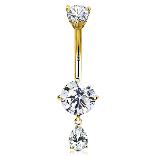 Genuine CZ Teardrop Belly Button Ring - 10K Solid Gold Dangle Navel Piercing Jewelry