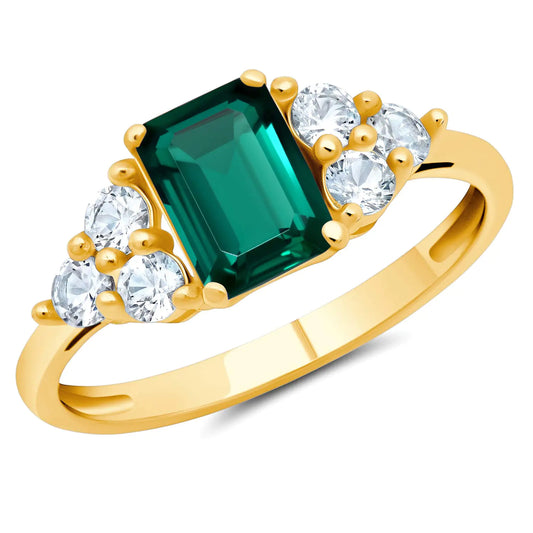 10K Solid Yellow Gold Emerald Cut Green Emerald Ring with White Sapphire Accents - May Birthstone