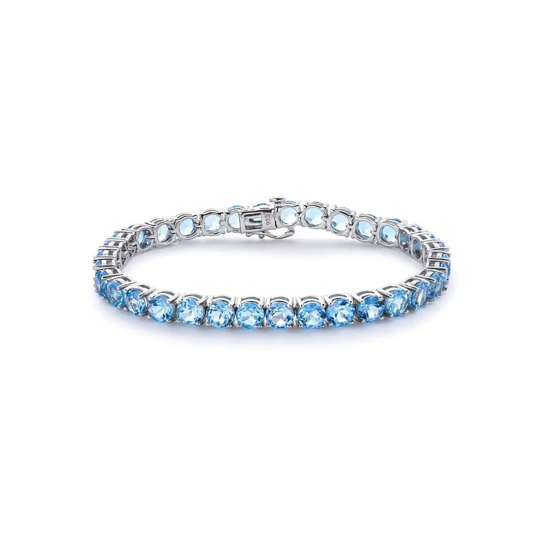 Genuine Swiss Blue Topaz Tennis Bracelet - Solid 925 Sterling Silver 5mm Round Gemstone Luxury Bracelet 7.25 Inch