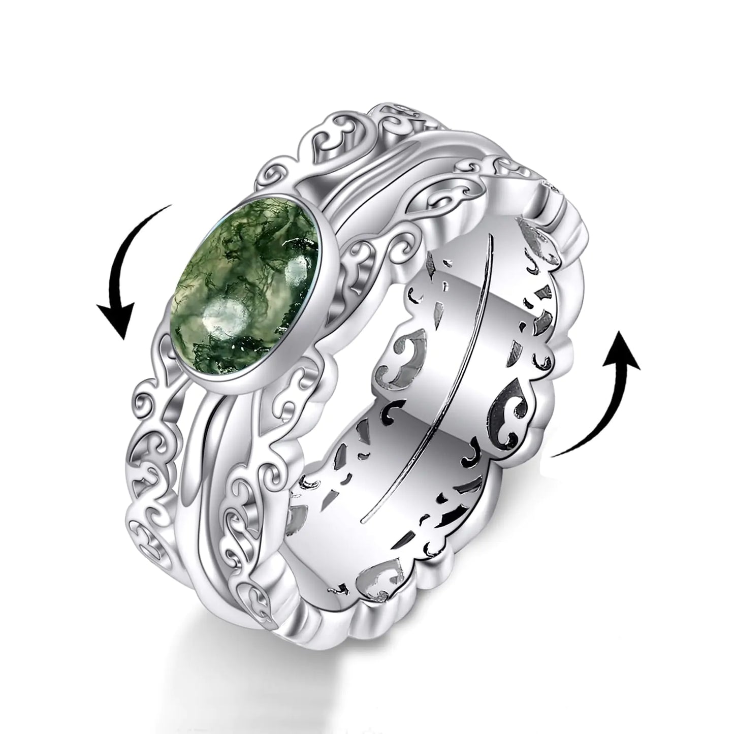 Genuine Moss Agate Fidget Ring - Solid 925 Sterling Silver Anti-Stress Ring for Women Size 6