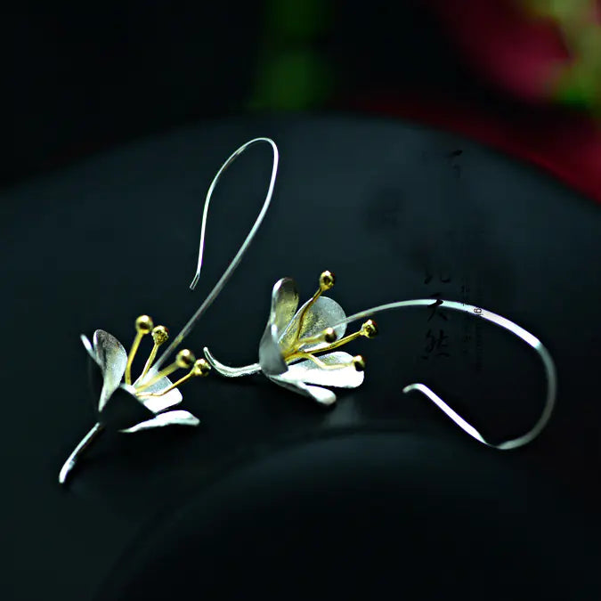 925 Sterling Silver Flower Earrings with Genuine Black Agate - Elegant Floral Design