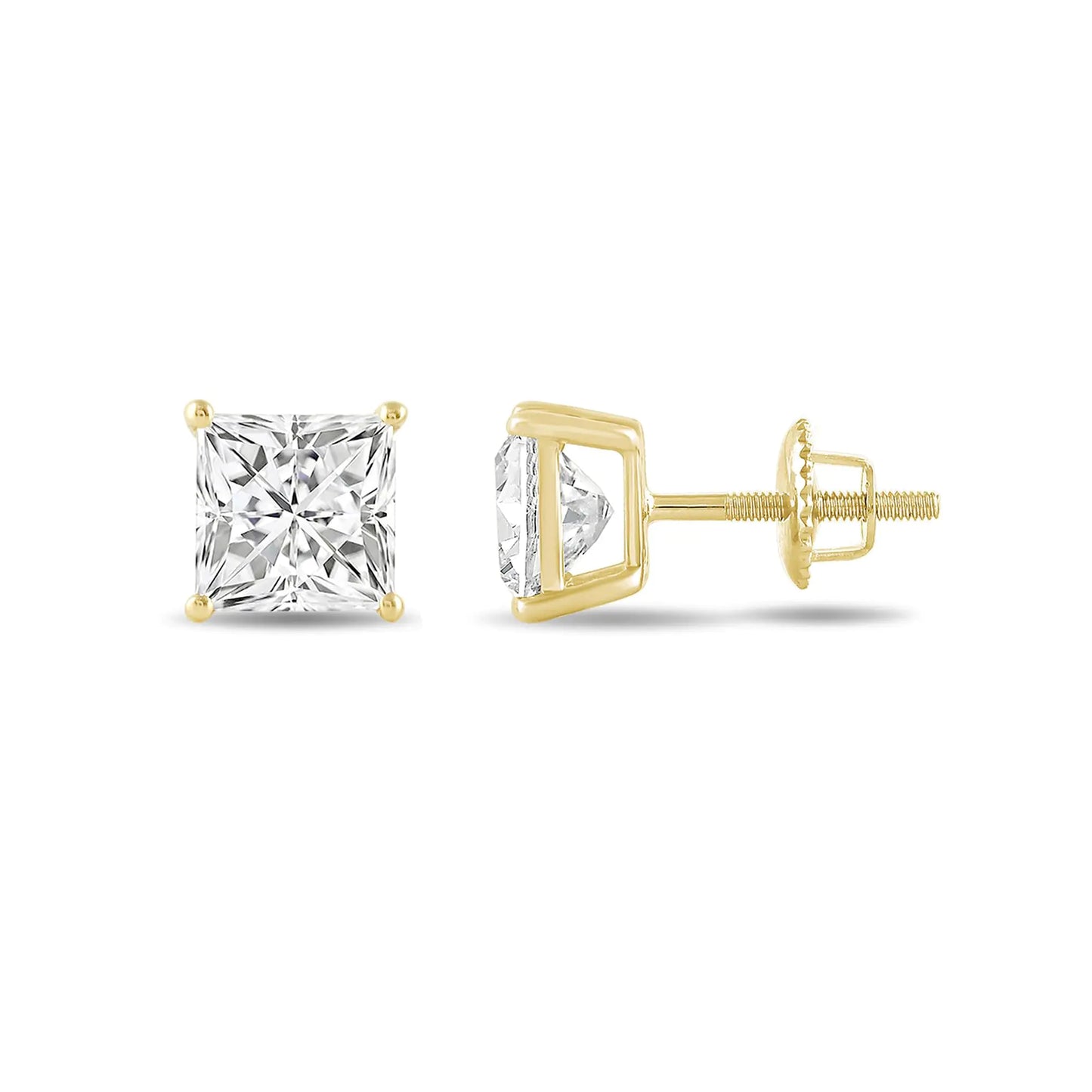 Solid 14K Yellow Gold Moissanite Stud Earrings for Women - Princess Cut 2 CTW | Screw Back