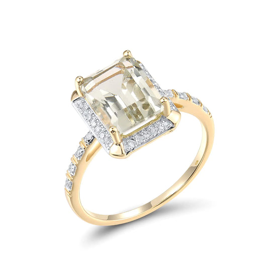 Solid 10K Yellow Gold Prasiolite Ring - Rectangle Prasiolite Green Amethyst Diamond Ring Size 7.5