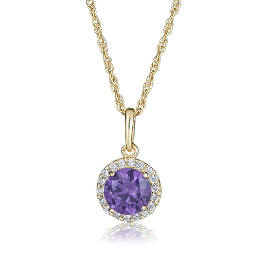 Amethyst Birthstone Halo Pendant Necklace - 10K Yellow Gold February | 18 Inch Chain
