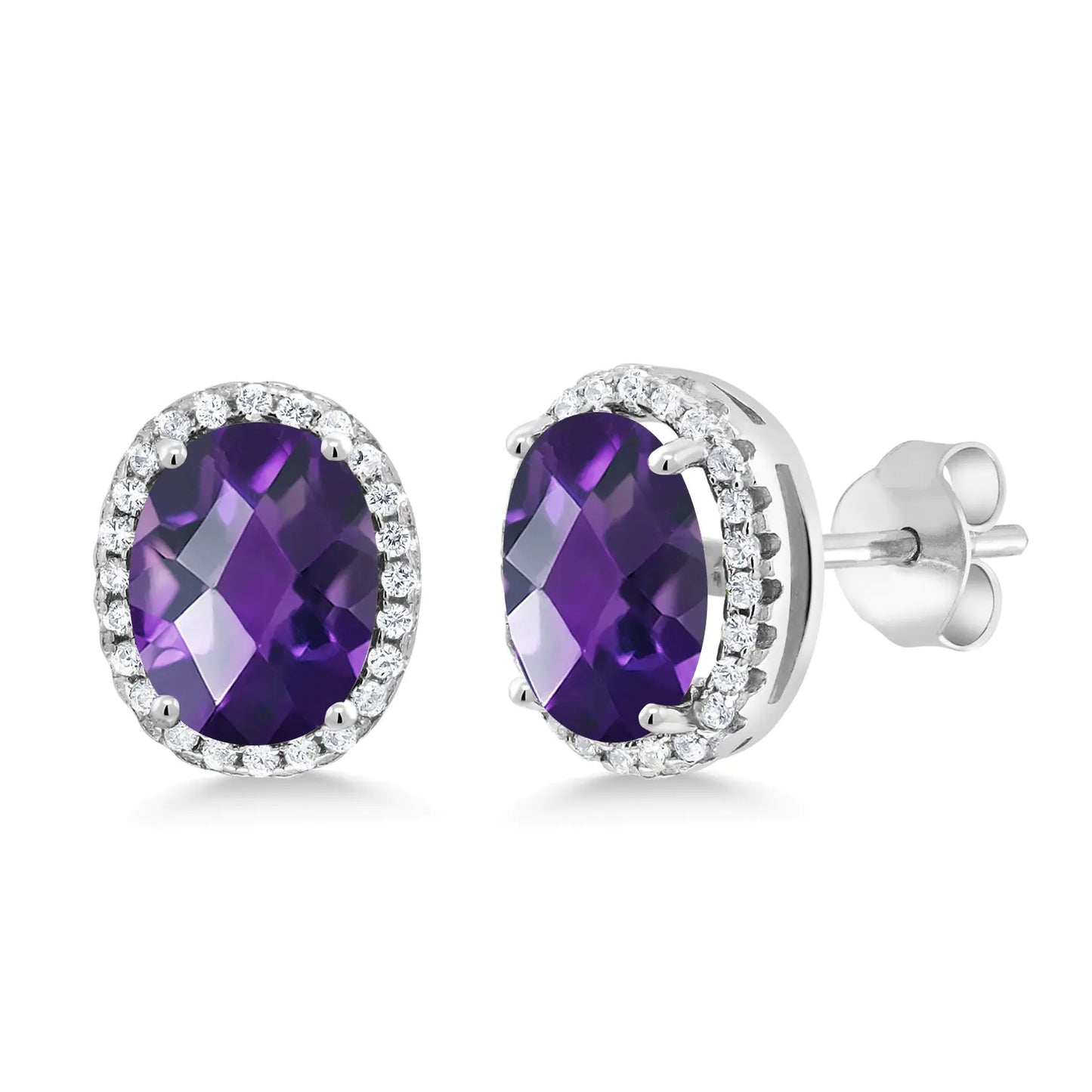 Genuine Amethyst Halo Earrings - 9x7mm Oval Cut February Birthstone in Solid 925 Sterling Silver