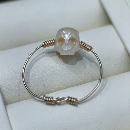 Natural Freshwater Pearl Skull 14k Gold Ring
