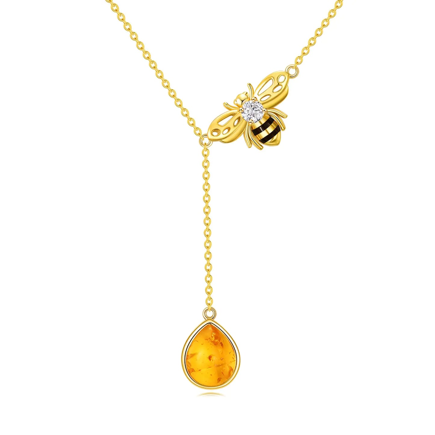 Genuine Amber Bee Necklace - Solid 925 Sterling Silver with Gold Plating for Women