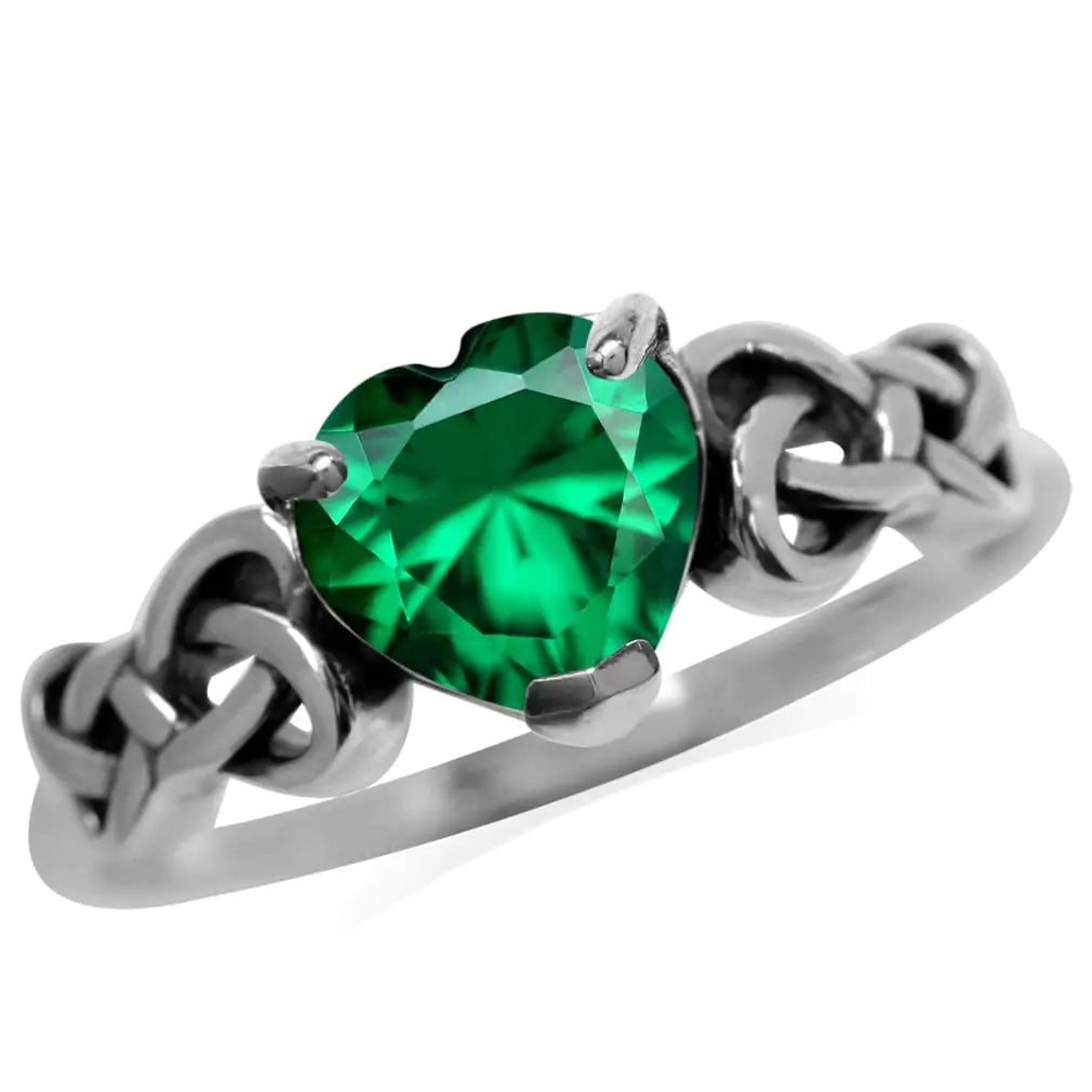 Genuine Emerald Heart Promise Ring - 7mm May Birthstone Celtic Knot in Solid 925 Sterling Silver Size 10.5