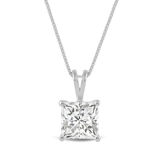 Solid 14K White Gold Cubic Zirconia Solitaire Pendant Necklace - Princess Cut 2 CTW | 18 Inch