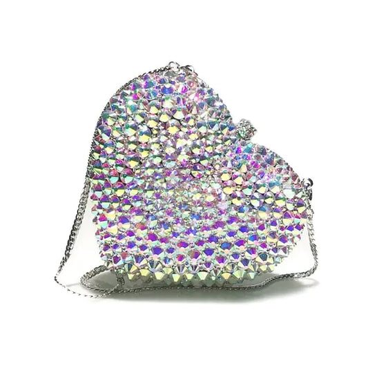 Love Shaped Crystal Diamond Evening Bag - Full Diamond Silver Clutch | 14x12x6cm