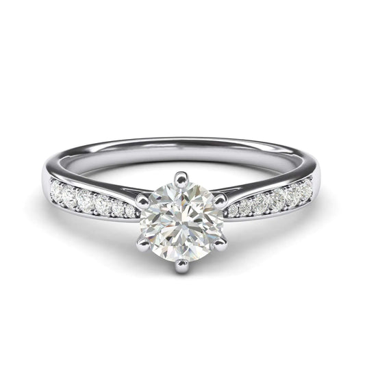 10K Solid White Gold Classic 6-Prong Simulated Diamond Engagement Ring - 1.0 CT with Graduated Side Stones