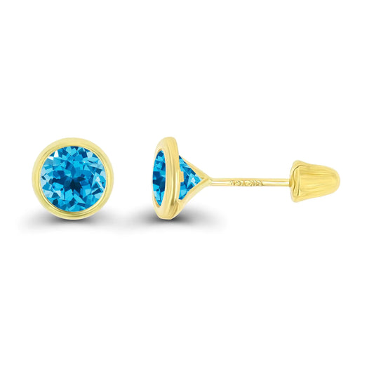 Swiss Blue Topaz Stud Earrings - 14K Solid Yellow Gold 6mm | December Birthstone Screw Back