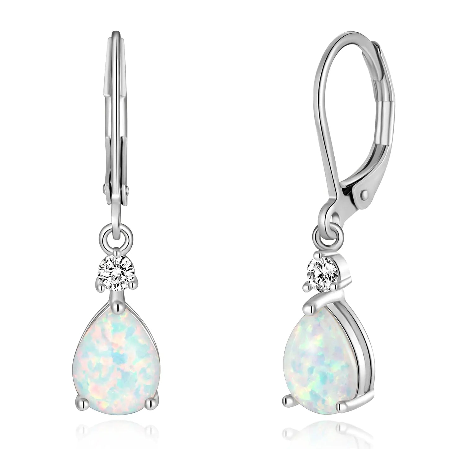 Genuine White Fire Opal Leverback Drop Earrings - 14K White Gold Plated Sterling Silver Teardrop Dangle Earrings