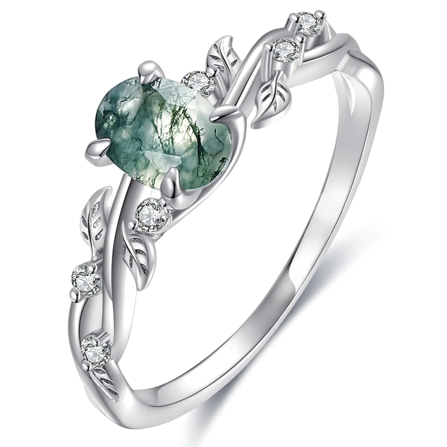 Genuine Moss Agate Engagement Ring - 1.5CT Oval Cut 6x8mm Leaf Design | Platinum Plated Sterling Silver Size 4