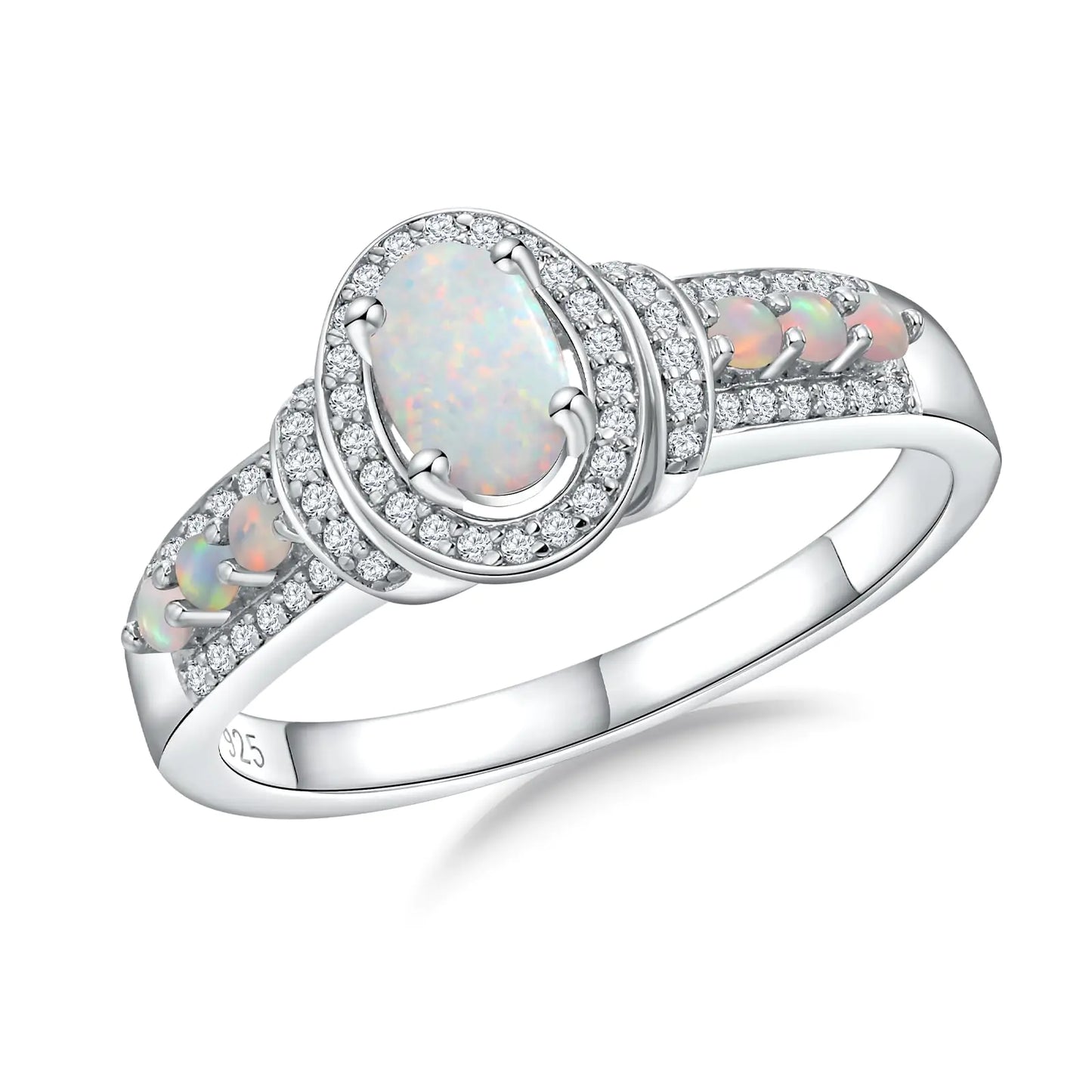 Opal Halo Engagement Ring - Sterling Silver Oval Crystal Promise Ring Size 8 | October Birthstone