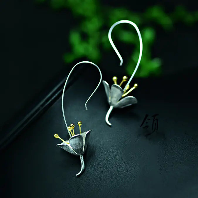 925 Sterling Silver Flower Earrings with Genuine Black Agate - Elegant Floral Design