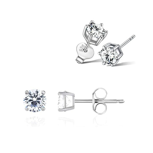 Genuine CZ Diamond Stud Earrings - Solid 925 Sterling Silver Hypoallergenic 4mm Round Cut Set of 2 Pairs