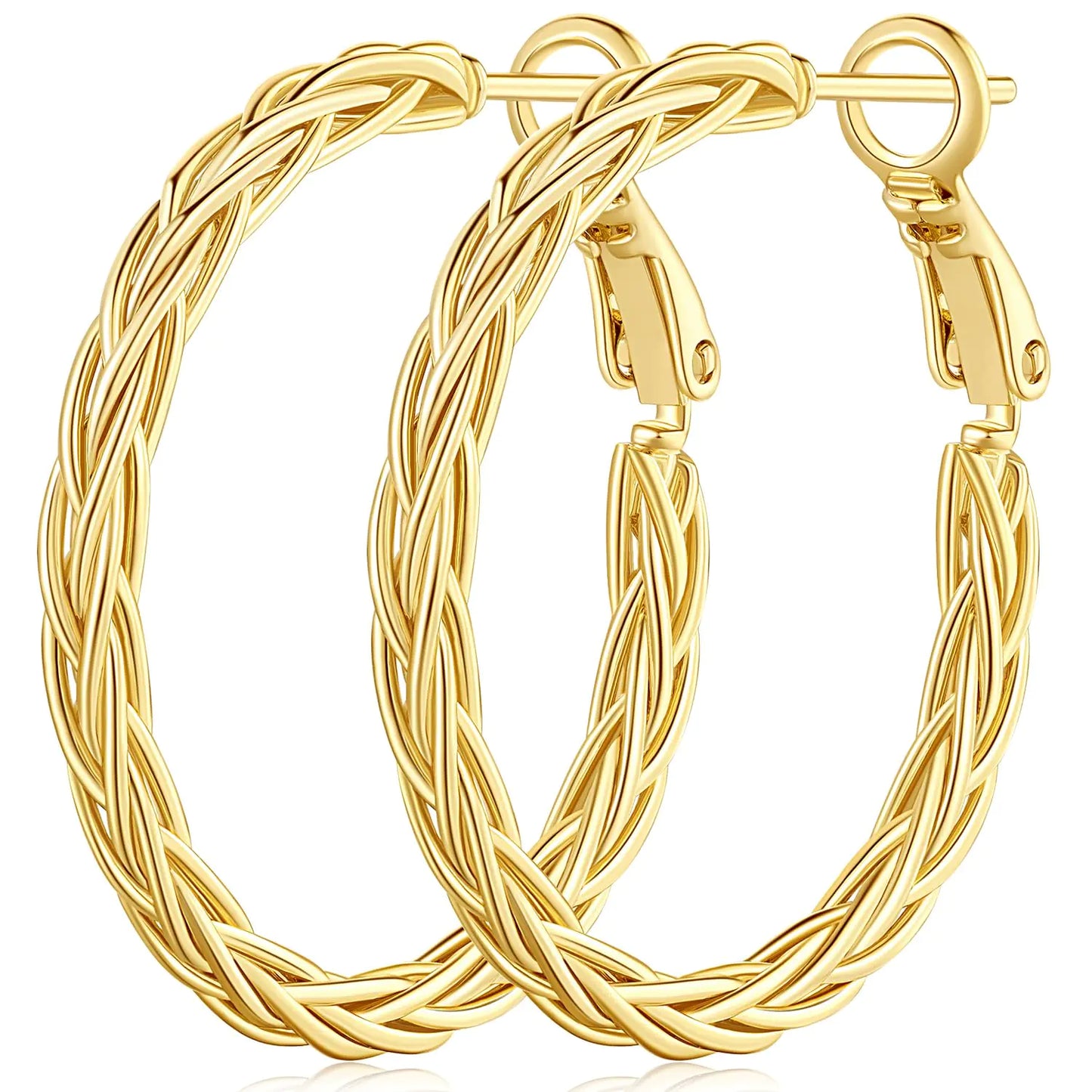 14K Gold Hoop Earrings - 30mm Fine Weave Design | Women's Trendy Gold Hoops